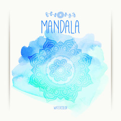 Hand-drawn mandala on the watercolor background. Greeting, invitation card. Indian ornament. Henna design. Mehndi style.