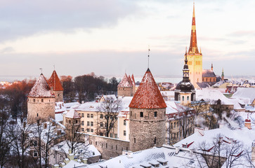 panoramic view of the castle and the old town of Tallinn from the observation deck in winter