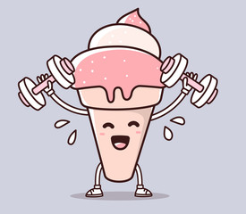 Vector illustration of pink color smile ice cream lifts dumbbell