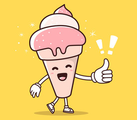 Vector illustration of pink color smile ice cream with thumb up