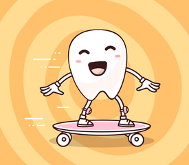 Vector illustration of smile white tooth riding skateboard on ye