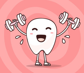 Vector illustration of smile white tooth lifts dumbbells on pink