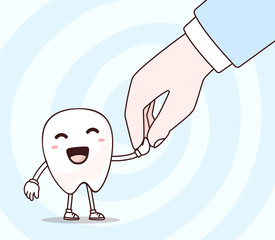 Vector illustration of smile white tooth and human hand on blue