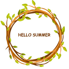 Cute background greeting card, HELLO SUMMER in circle of twigs, set 4 season