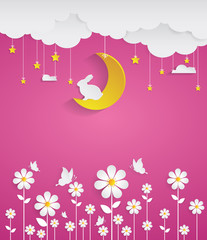 nighttime with flowers and pink background.paper art style