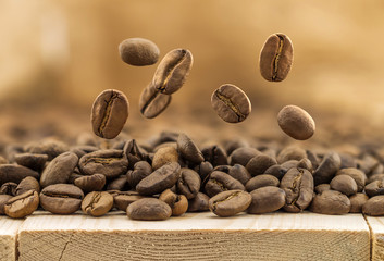 Flying fresh coffee beans as a background with copy space. Coffe