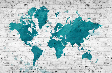 Illustrated map of the world with a White brick wall. Horizontal background.