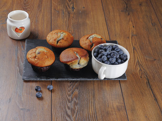 Blueberry muffins and blueberries.