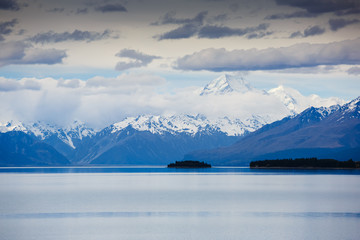 Majestic mountain landscape. Mount Cook and Pukaki lake, New Zealand