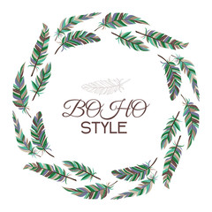 Boho style. Wreath of vintage feathers on a white background.