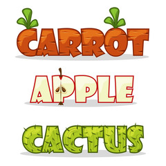Fototapeta premium Vector Funny lovely textural word. Carrots, apple and cactus