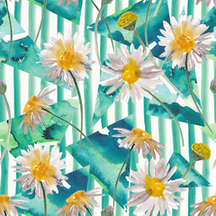 Watercolor painting chamomile pattern with abstract stripes and triangles