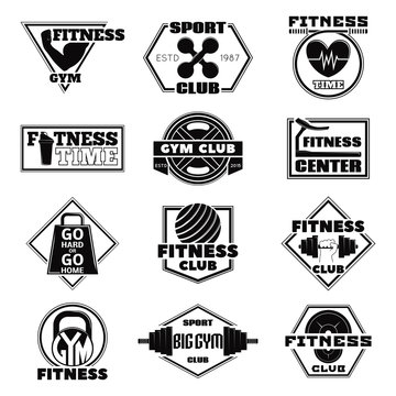 Monochrome Vector illustration of set of logos of the fitness. 