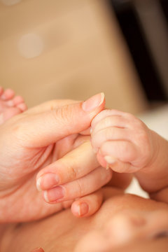 Close-up of legs, handles child. Happy mother kissing the feet, hands, fingers, the nose  the . Gentle photo mom and baby.
