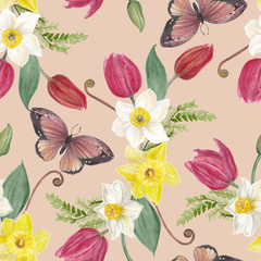 Watercolor painting floral pattern with beautiful spring flowers: tulips, daffodils and butterfly. Seamless background.