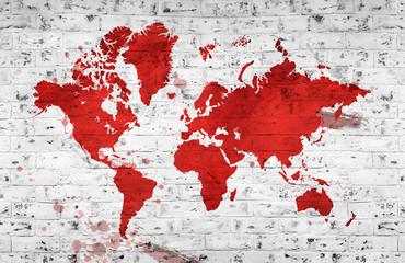 Illustrated red map of the world with a White brick wall. Horizontal background.