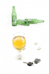 Beer Glass And Car Keys With Empty Bottles On White Background 