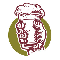Graphic poster art hand raising a foamy glass of beer in a toast