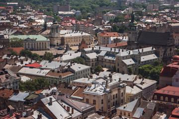 Buildings of a town. Trees and rooftops. Beauty of the old district.