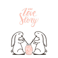 Cute hand drawn Rabbits drinks love cocktail. Background for wedding, save the date, Valentine's Day, etc. Vector Illustration