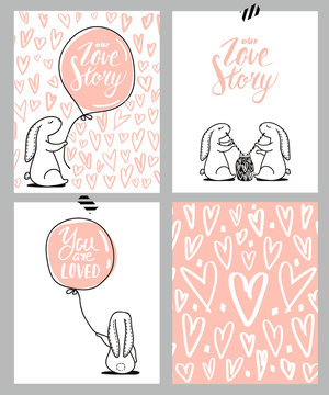 Romantic cards set. Four Valentine's day cards with cute Rabbit and hearts. Vector Illustration