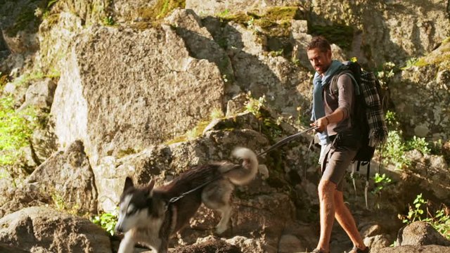Caucasian tourist in shorts wearing scarf backpack sandals carefully walking on big rocks with husky dof on leash in slowmotion