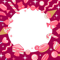 Fototapeta na wymiar Different sweets. Assorted candies round frame background.