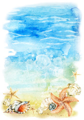 Fototapeta na wymiar Watercolor beach illustration with sea shells and starfishes