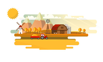 Obraz na płótnie Canvas Abstract Colorful Flat Design of Agricultural Rural Landscape, Vector Illustration.