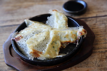 gyoza on wood background , Japanese food appetizer