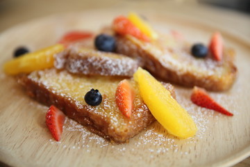 French Toast Sticks with Maple Syrup and mix fruits