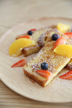 French Toast Sticks with Maple Syrup and mix fruits