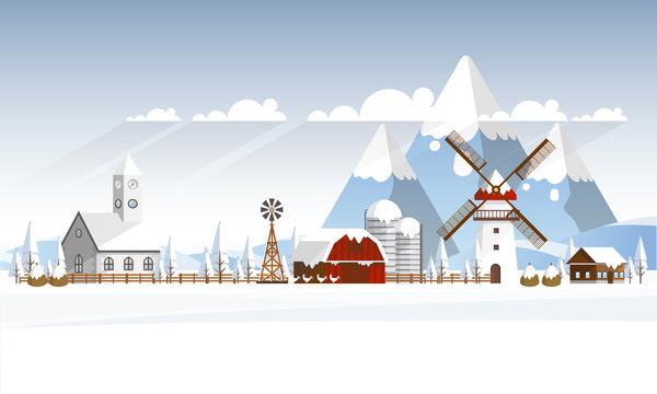 Winter Abstract Farmland Landscape in Flat Design. Vector Illustration.
