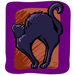 Graphic flat view of a black cat arching it's back in a stretch.
