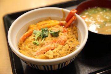 Crab and eggs on rice and soup , Japanese food