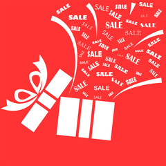 Opened white present box with sale word on red background