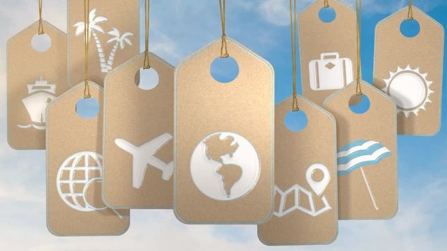 Travel and holidays concept. Tags with symbols and icons over blue sky. Seamlessly loopable