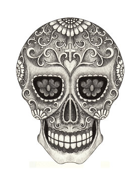 Skull art day of the dead.Art design skull action smiley face in love day of the dead festival hand pencil drawing on paper.