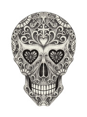 Skull art day of the dead.Art design skull action smiley face in love day of the dead festival hand pencil drawing on paper.
