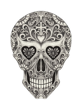 Skull art day of the dead.Art design skull action smiley face in love day of the dead festival hand pencil drawing on paper.