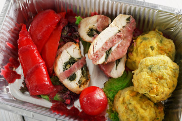 Healthy food in boxes, diet concept.