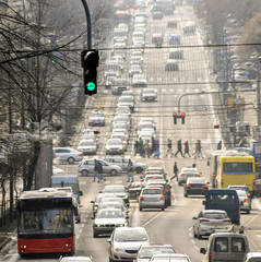 Crowded traffic with green traffic light