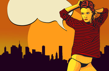 Young woman says comics bubble. Vector image. Halftone dots, retro comics style.