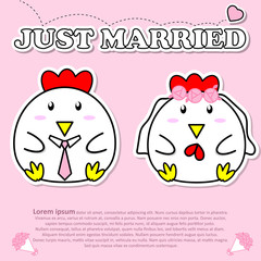 Lovely couple cute cock just married wear tie and bouquet of pink rose flower in Valentine concept
