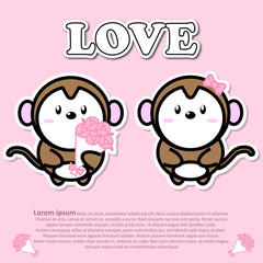 Lovely couple cute monkey with bouquet of pink rose in Valentine concept