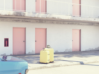 Fototapeta na wymiar Luggage beside parked car outside motel. 3d rendering