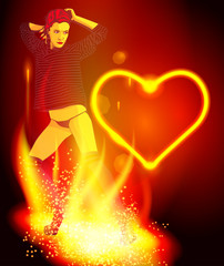 Dance woman. Heart, lights. Vector image