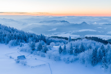 Beautiful winter view of Pieniny mountains from Luban observation tower.