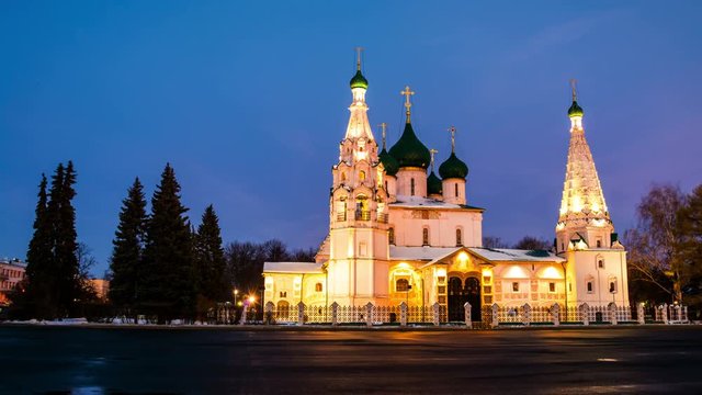 Yaroslavl, Russia hyperlapse. Church of Elijah the Prophet in Yaroslavl, Russia with sunset colorful sky. It is a famous landmark in the city located at the Soviet square
