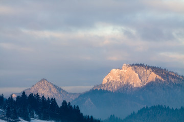 Winter panorama of Pieniny mountain with Three Crowns Peak.